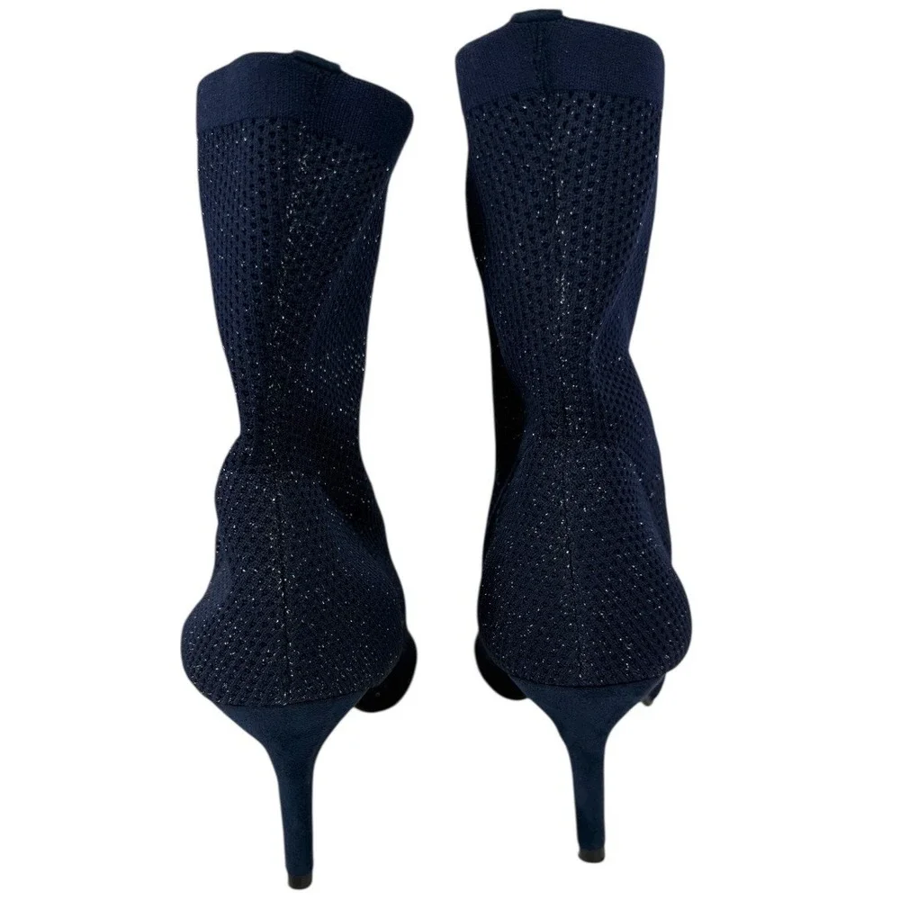 Catherine Malandrino Tammy Navy Glitter‎ Knit Pointed Toe Sock Boots Size 10